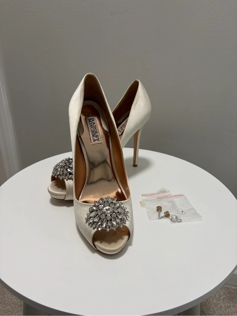 Badgley Mischka Ivory Satin Peep-Toe Heels with Crystal Brooch